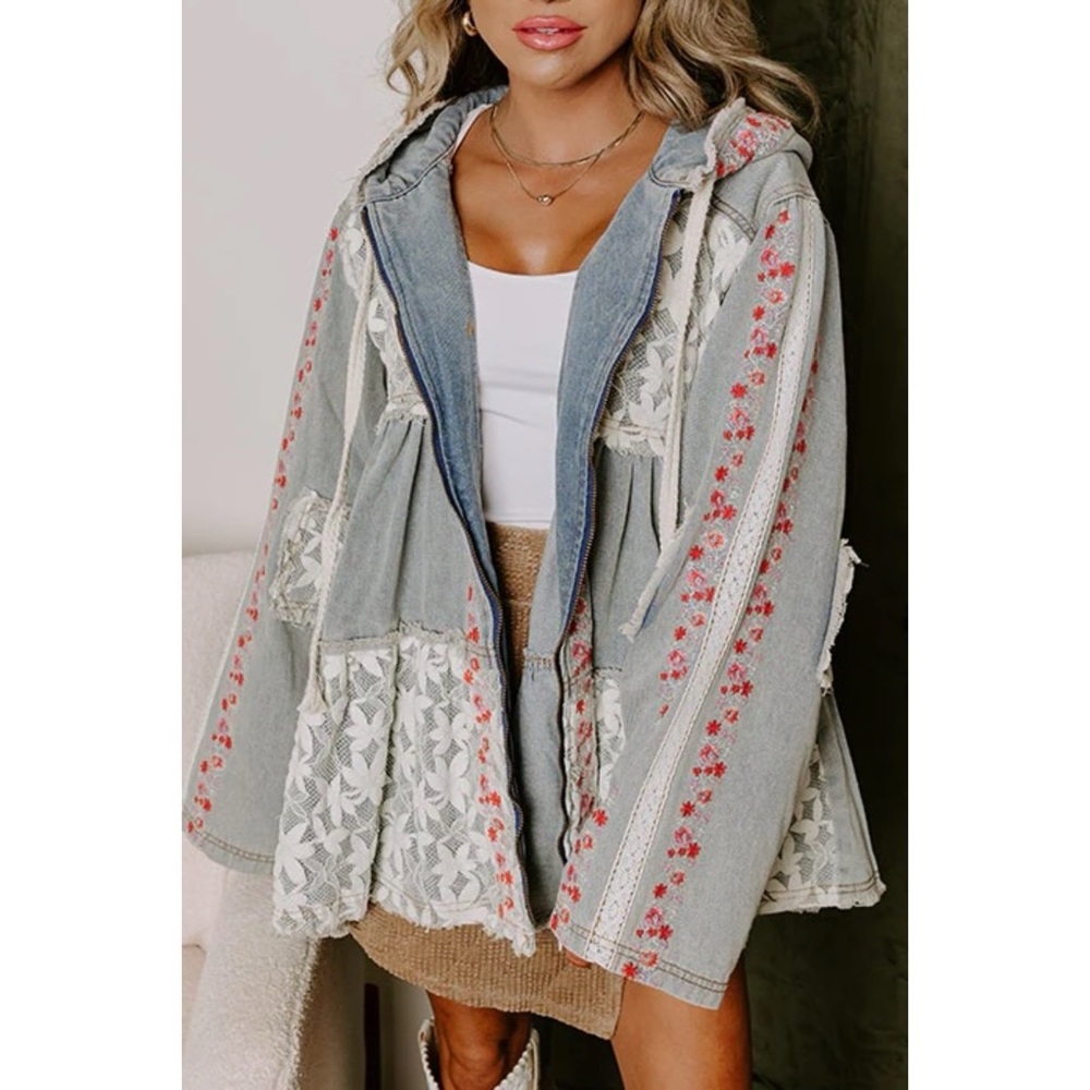 POL Patchwork Denim Hoodie Jacket | Lace Detail Floral Embroidery - Picture 9 of 10
